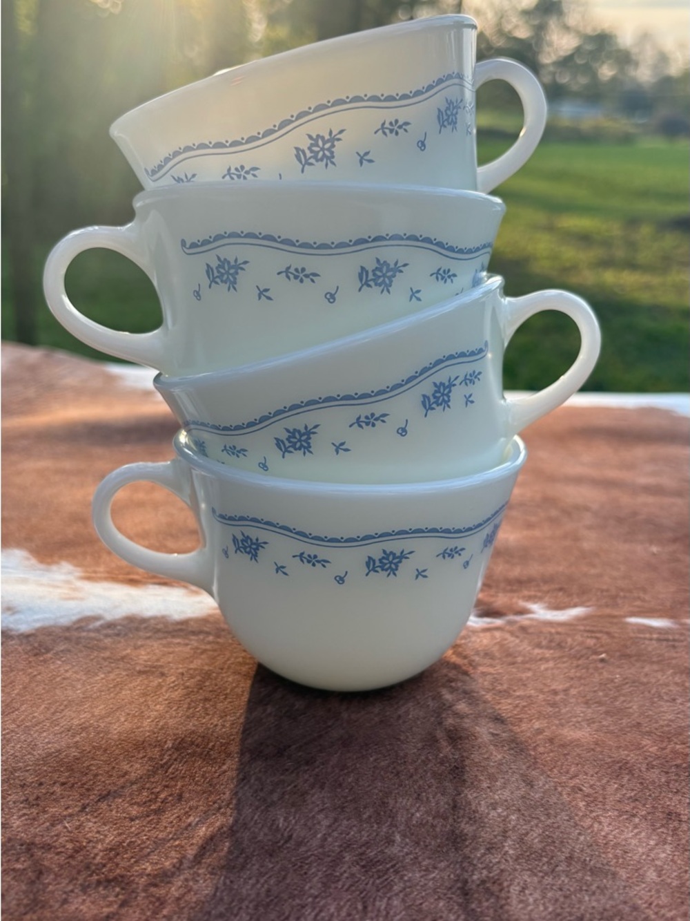 Pyrex Blue Floral Milk Glass Teacup - Set of 4